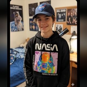 Kids' Black NASA Hoodie with Colorful Astronaut Graphic